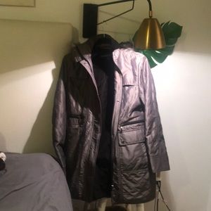 Petite grey jacket with fur collar.